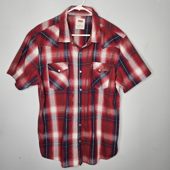 Levi's Men's Red White Blue Plaid Short Sleeve Shirt Pearl Snap Buttons Sz XL - Picture 1 of 6